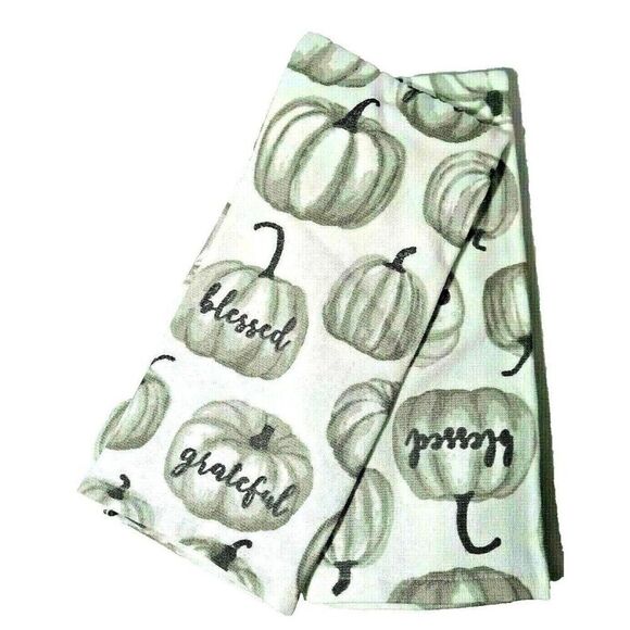 Deborah Connolly Kitchen Towels 2-Piece Gray Pumpkins Silver Blessed Grateful - Picture 2 of 3